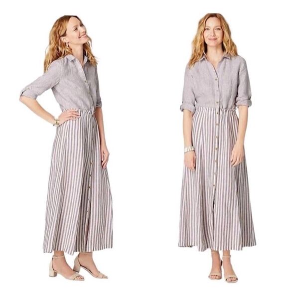 J Jill Linen Stripe Shirtdress Midi Dress Women M Pockets Preppy Beach Lagenlook - Picture 2 of 16